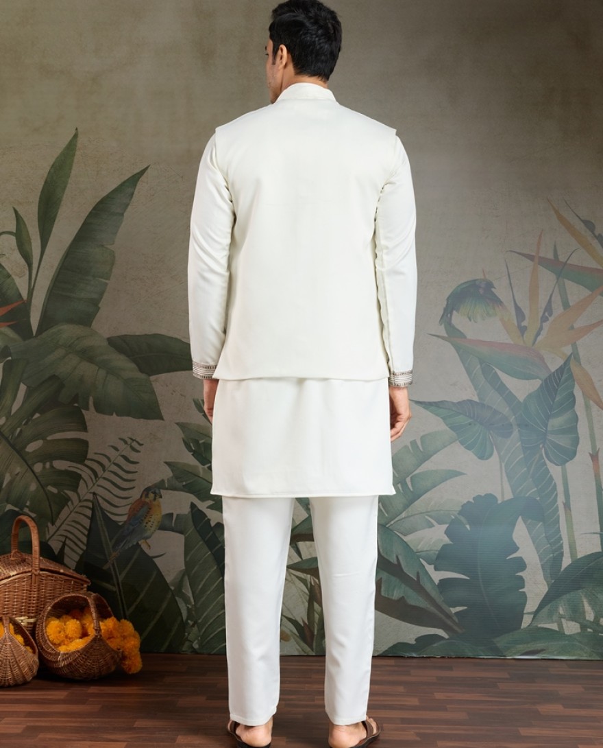 61103-WHITE  - Ivory Embroidered Kurta Set for Men